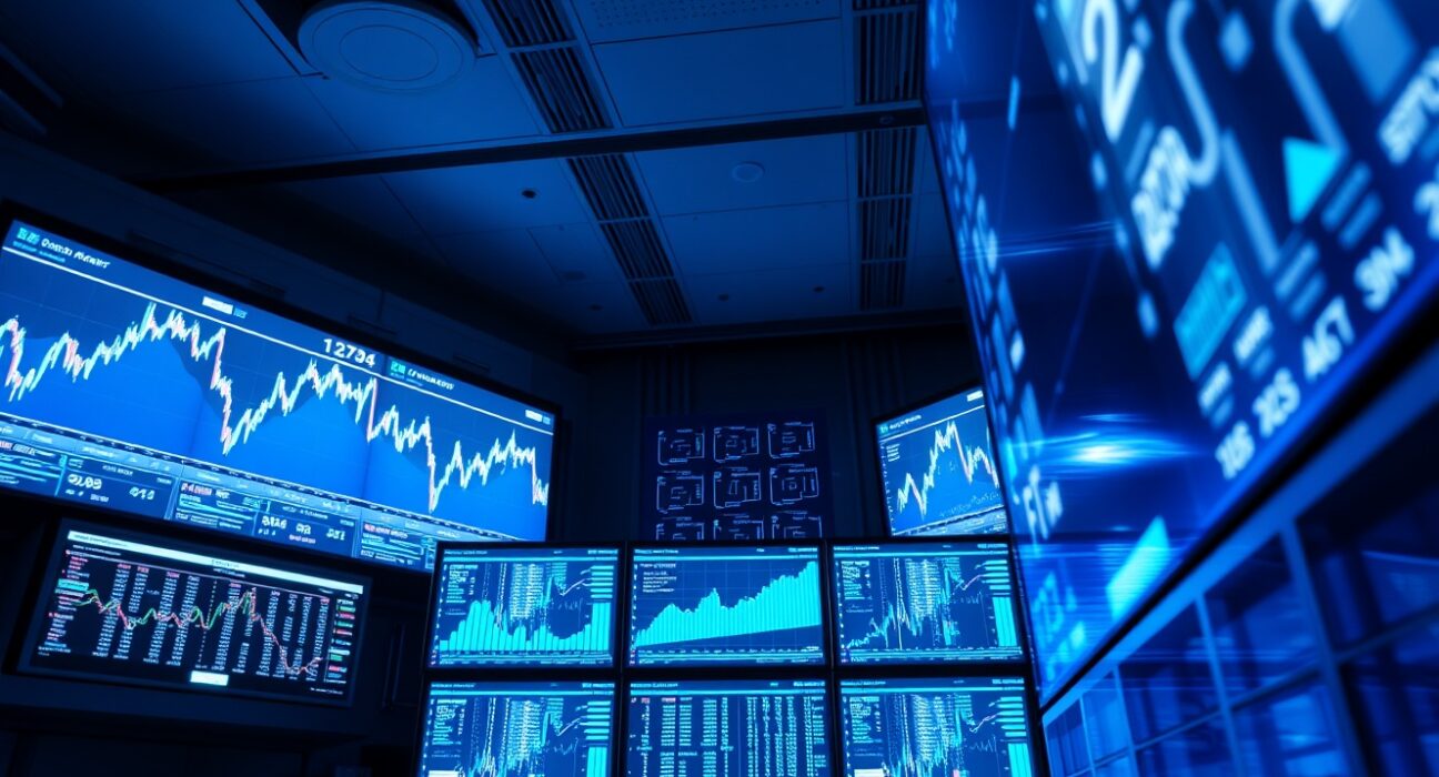 Digital screens showing Nasdaq market data and blockchain network nodes in a modern data center