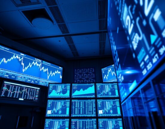Digital screens showing Nasdaq market data and blockchain network nodes in a modern data center