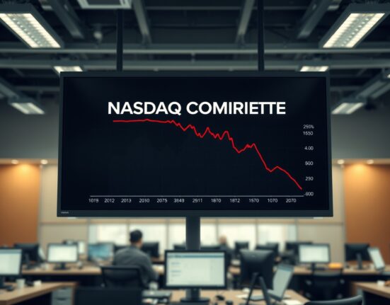 A digital screen shows the Nasdaq Composite index chart experiencing a sharp 2% decline during market trading.