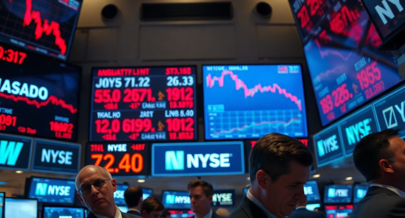NYSE trading floor with red screens showing NASDAQ decline after Trump ends Iran ceasefire talks