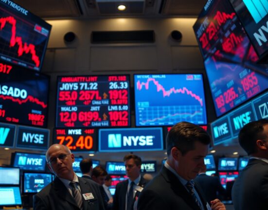NYSE trading floor with red screens showing NASDAQ decline after Trump ends Iran ceasefire talks