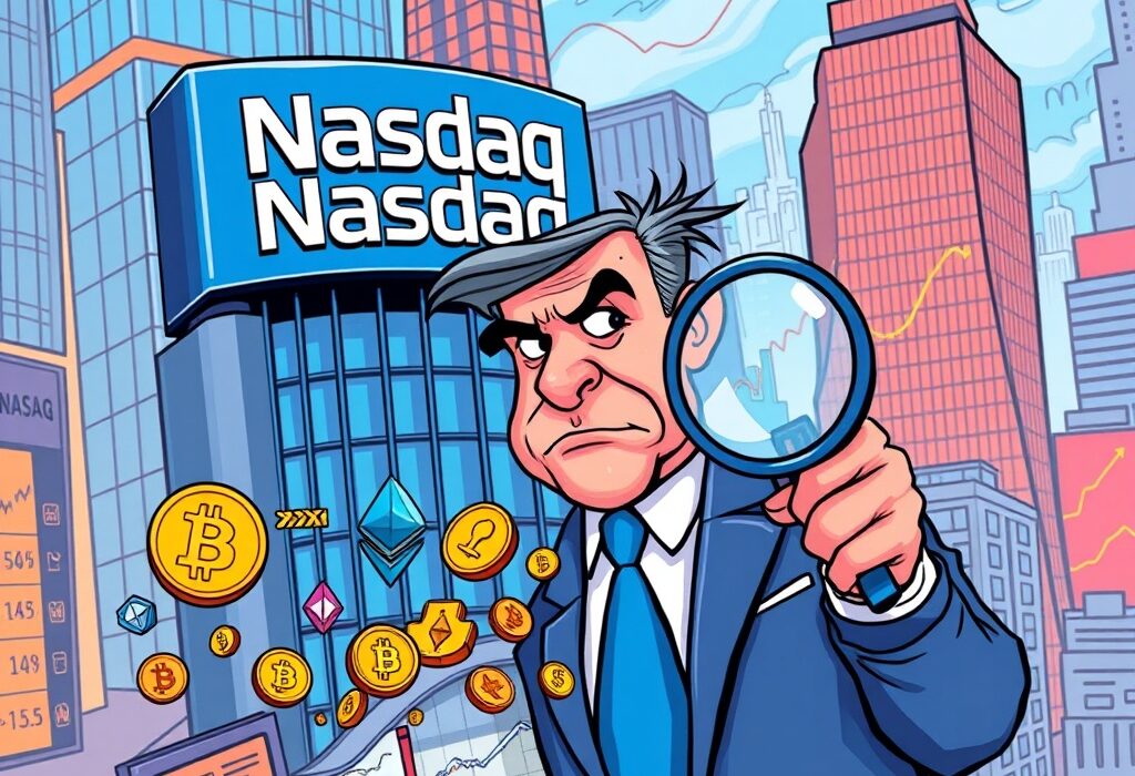 Cartoon showing Nasdaq's enhanced **crypto scrutiny** on companies using digital assets to boost stock prices.