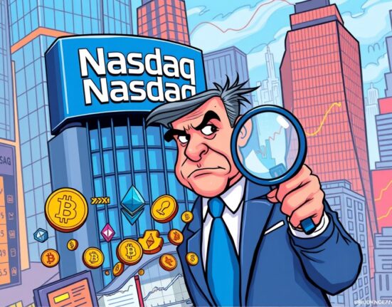 Cartoon showing Nasdaq's enhanced **crypto scrutiny** on companies using digital assets to boost stock prices.