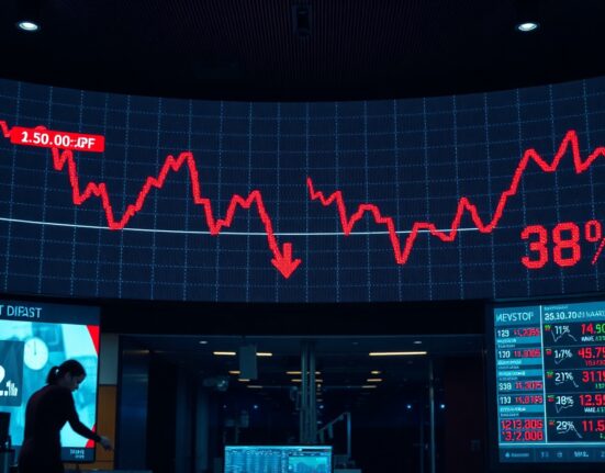 Stock market display showing red downward trends during Nasdaq decline