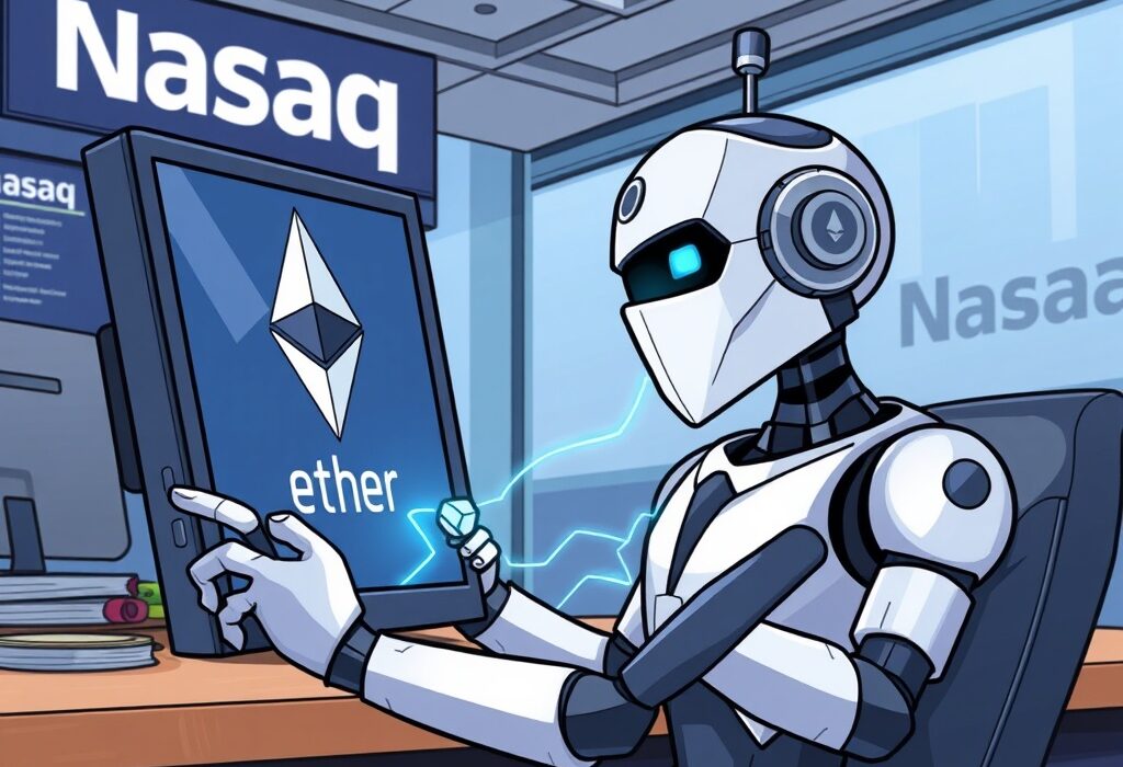 A robot executive initiating a significant Nasdaq ETH purchase, symbolizing institutional investment in Ethereum.