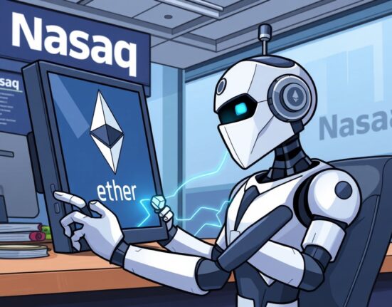 A robot executive initiating a significant Nasdaq ETH purchase, symbolizing institutional investment in Ethereum.