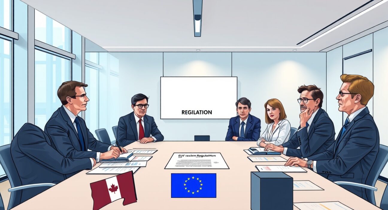 Financial executives and EU policymakers discussing urgent blockchain regulation changes in Brussels