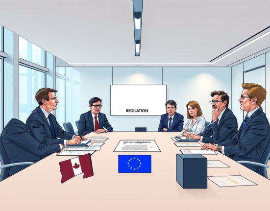 Financial executives and EU policymakers discussing urgent blockchain regulation changes in Brussels