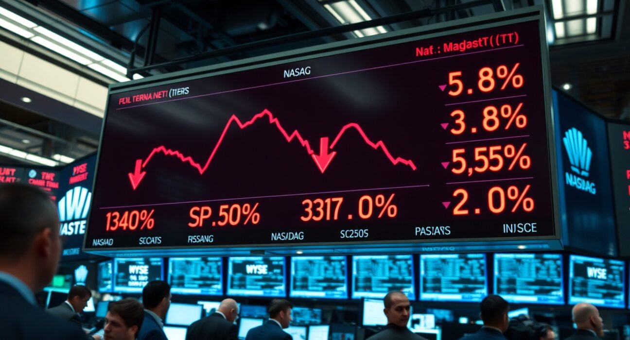 Stock market display board showing red arrows and negative percentages for Nasdaq, S&P 500, and Dow Jones.