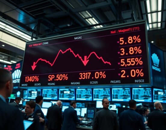 Stock market display board showing red arrows and negative percentages for Nasdaq, S&P 500, and Dow Jones.