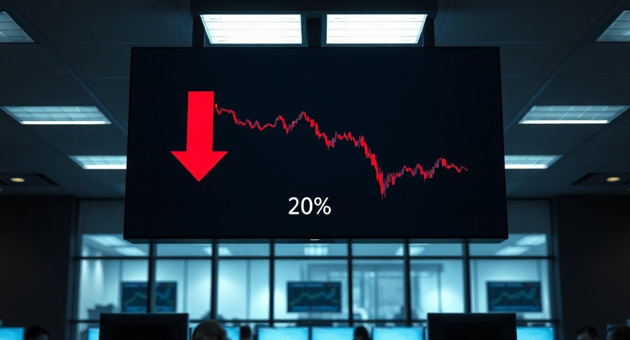 Stock market display board showing Nasdaq index down 2% in red during intraday trading.