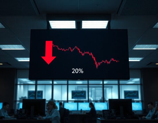 Stock market display board showing Nasdaq index down 2% in red during intraday trading.