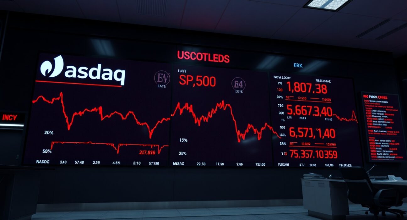 Stock market board showing red numbers and downward trends during a broad sell-off.