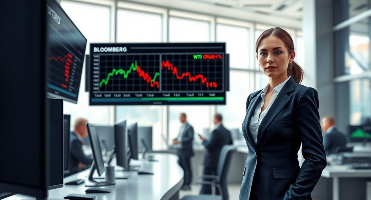 Financial analyst monitors Nasdaq futures surge and WTI crude oil price crash on trading terminal screens.