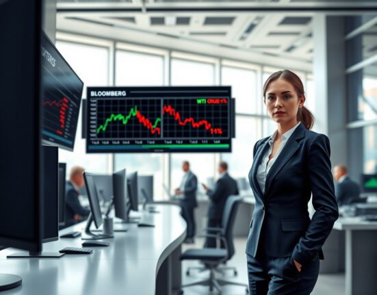 Financial analyst monitors Nasdaq futures surge and WTI crude oil price crash on trading terminal screens.