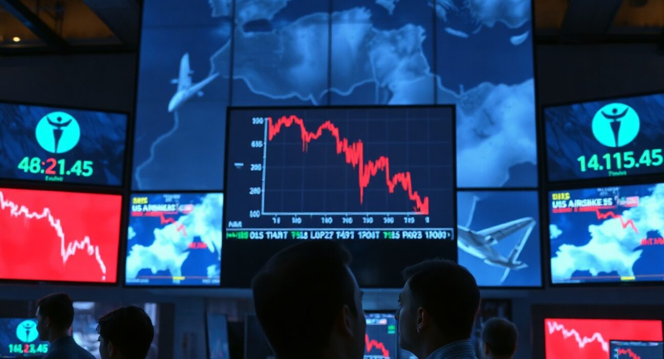 Traders watching red stock charts on screens amid geopolitical tensions