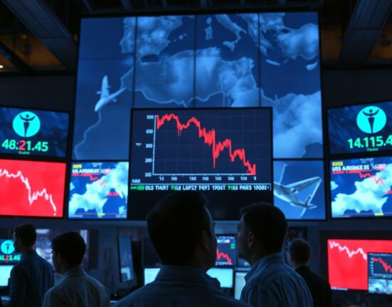 Traders watching red stock charts on screens amid geopolitical tensions
