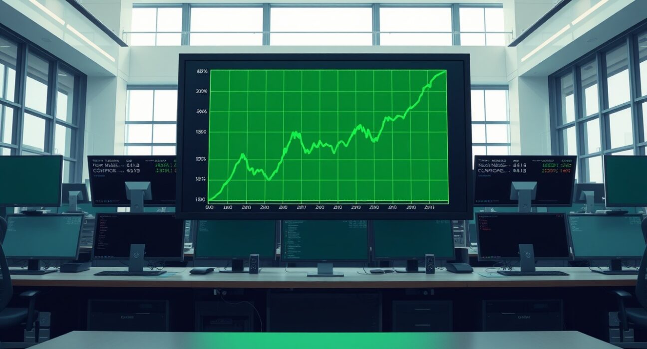 A digital display shows the Nasdaq Composite index chart surging upward during a market rally.