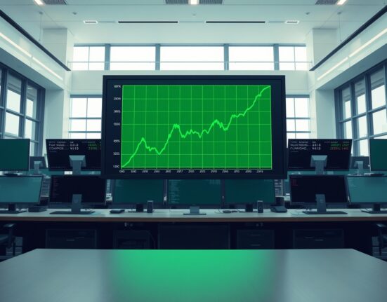 A digital display shows the Nasdaq Composite index chart surging upward during a market rally.