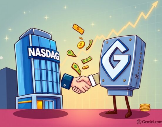 Illustrates the strategic Nasdaq Gemini investment, symbolizing traditional finance embracing digital assets and the future of crypto exchanges.