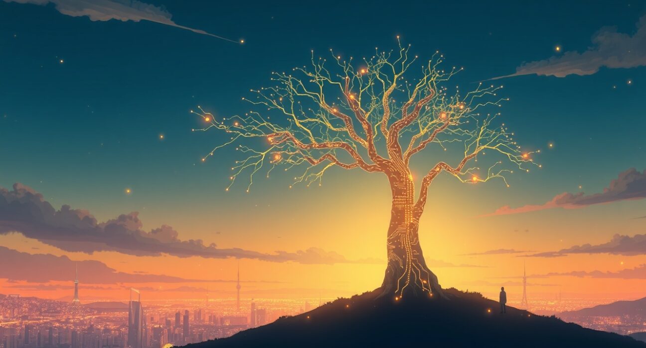 A symbolic Ghibli-style landscape representing the growth and data-driven nature of the Nasdaq Composite Index's rally.