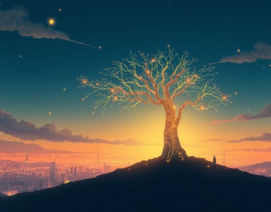 A symbolic Ghibli-style landscape representing the growth and data-driven nature of the Nasdaq Composite Index's rally.