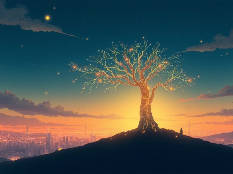 A symbolic Ghibli-style landscape representing the growth and data-driven nature of the Nasdaq Composite Index's rally.