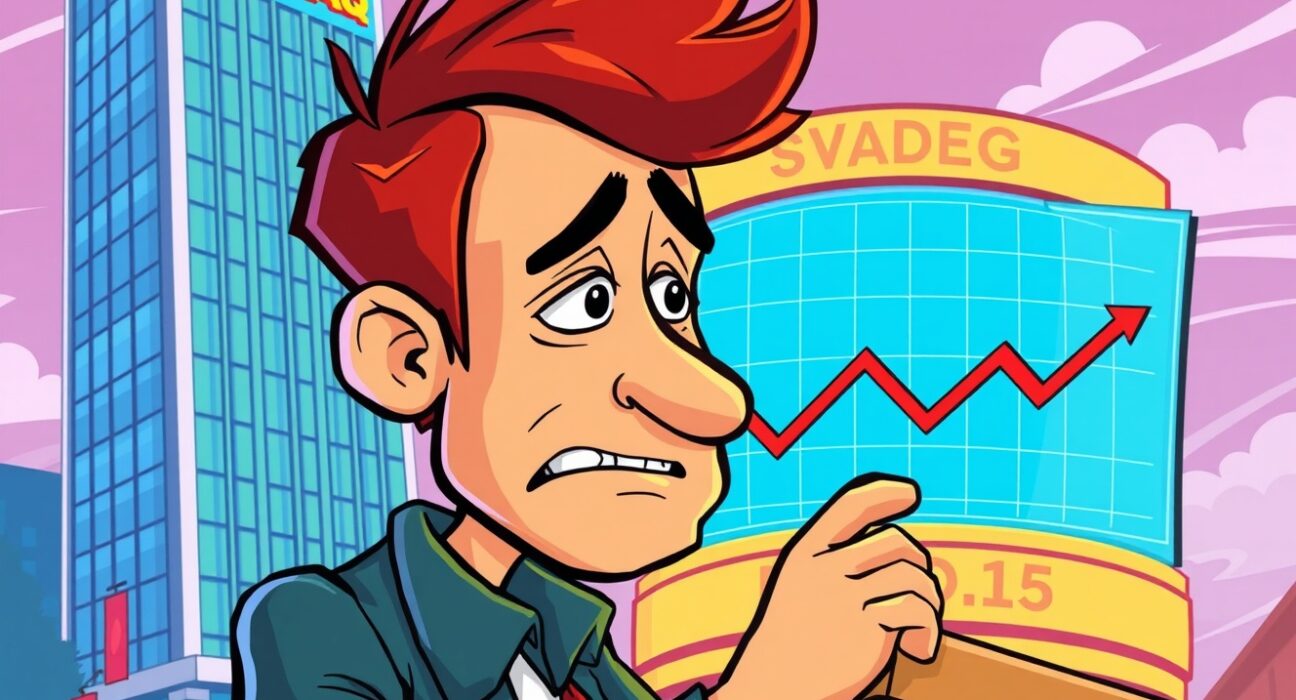 Cartoon illustration of an investor reacting to a significant fall in Nasdaq intraday trading, highlighting market volatility.