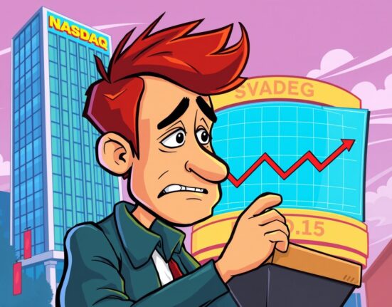 Cartoon illustration of an investor reacting to a significant fall in Nasdaq intraday trading, highlighting market volatility.