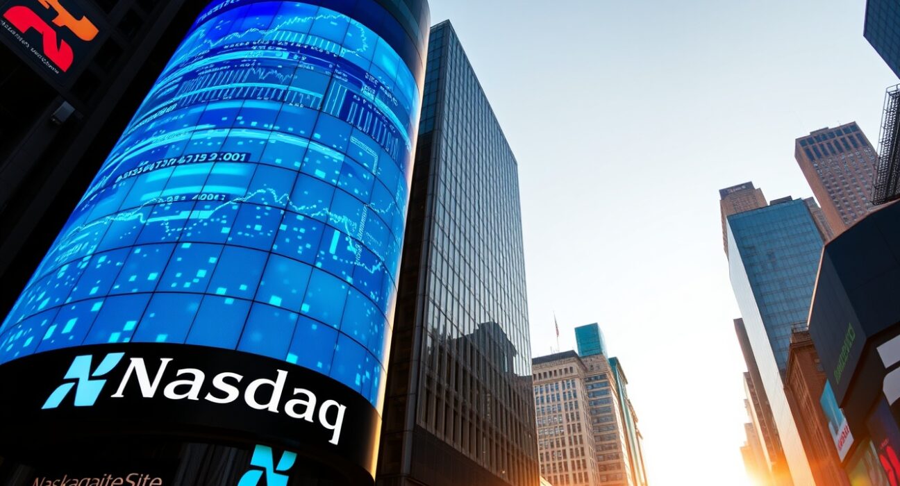 Exterior of the Nasdaq MarketSite building in New York City at golden hour with digital blockchain patterns on its display.