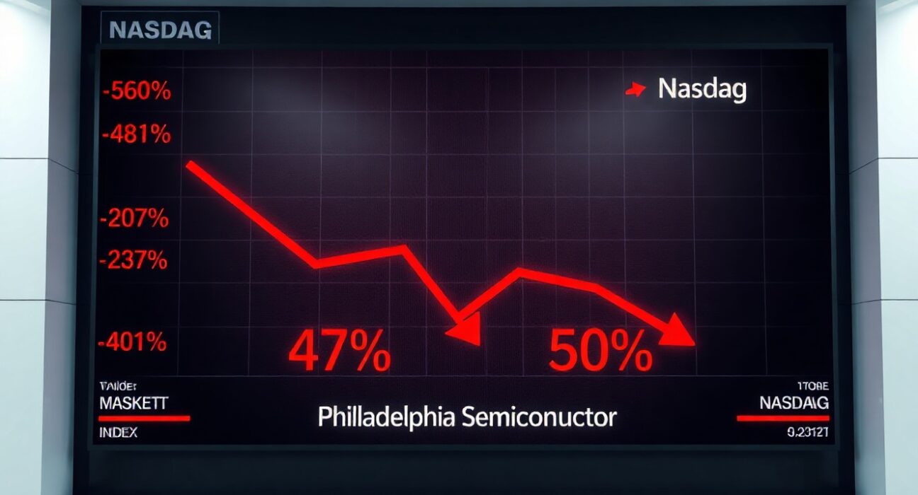 Stock market display showing red declines in Nasdaq and semiconductor indices