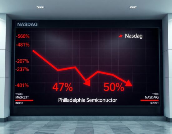 Stock market display showing red declines in Nasdaq and semiconductor indices