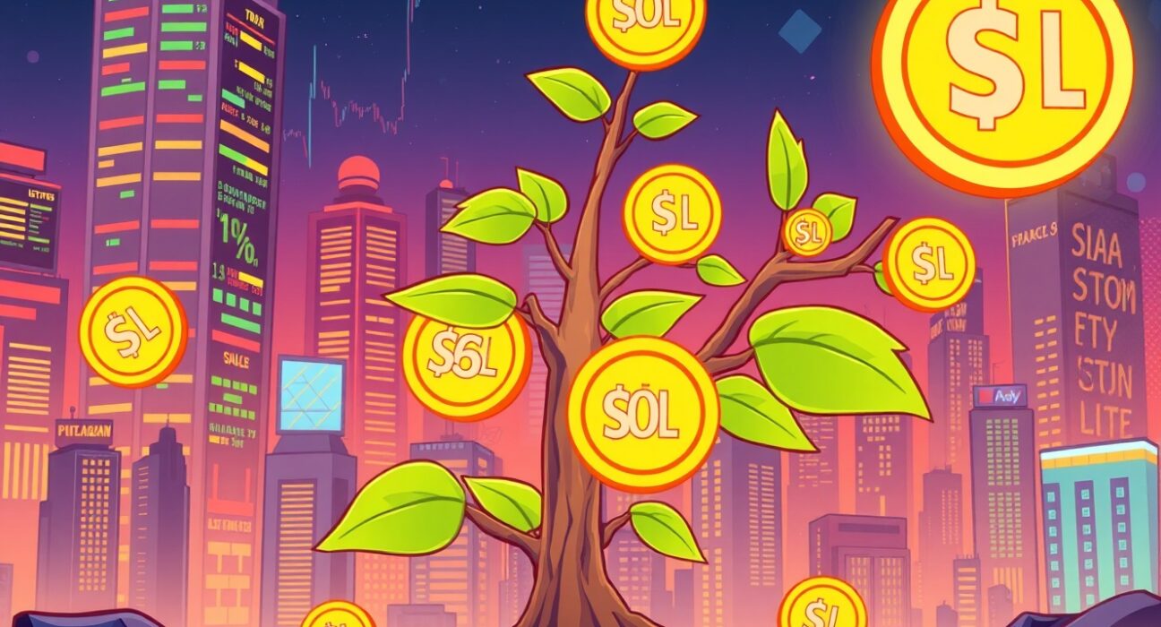 Growing Solana investment represented as a digital tree with SOL tokens in vibrant cartoon style