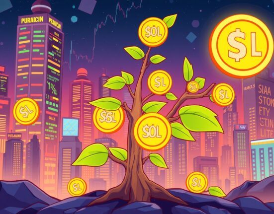 Growing Solana investment represented as a digital tree with SOL tokens in vibrant cartoon style