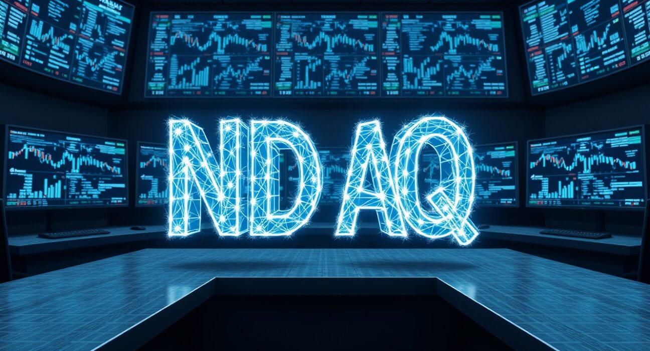 Nasdaq stock symbol fracturing, representing TD Securities warning on market fragmentation from tokenization.