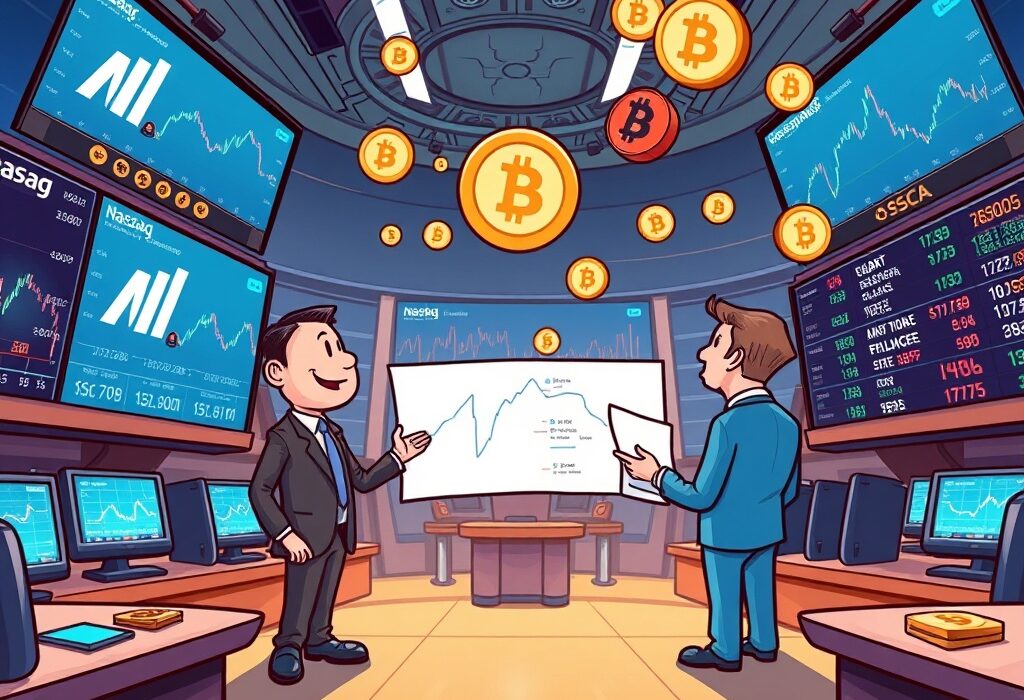 A vibrant cartoon illustrating Nasdaq presenting the concept of trading tokenized stocks to the SEC, symbolizing financial innovation.