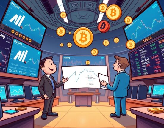A vibrant cartoon illustrating Nasdaq presenting the concept of trading tokenized stocks to the SEC, symbolizing financial innovation.