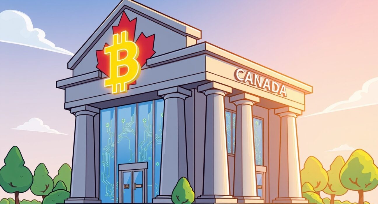 National Bank of Canada Bitcoin investment shown as a cartoon bank building merging with digital crypto elements.