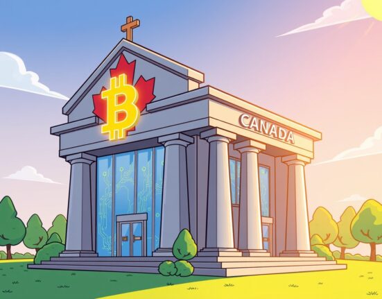 National Bank of Canada Bitcoin investment shown as a cartoon bank building merging with digital crypto elements.