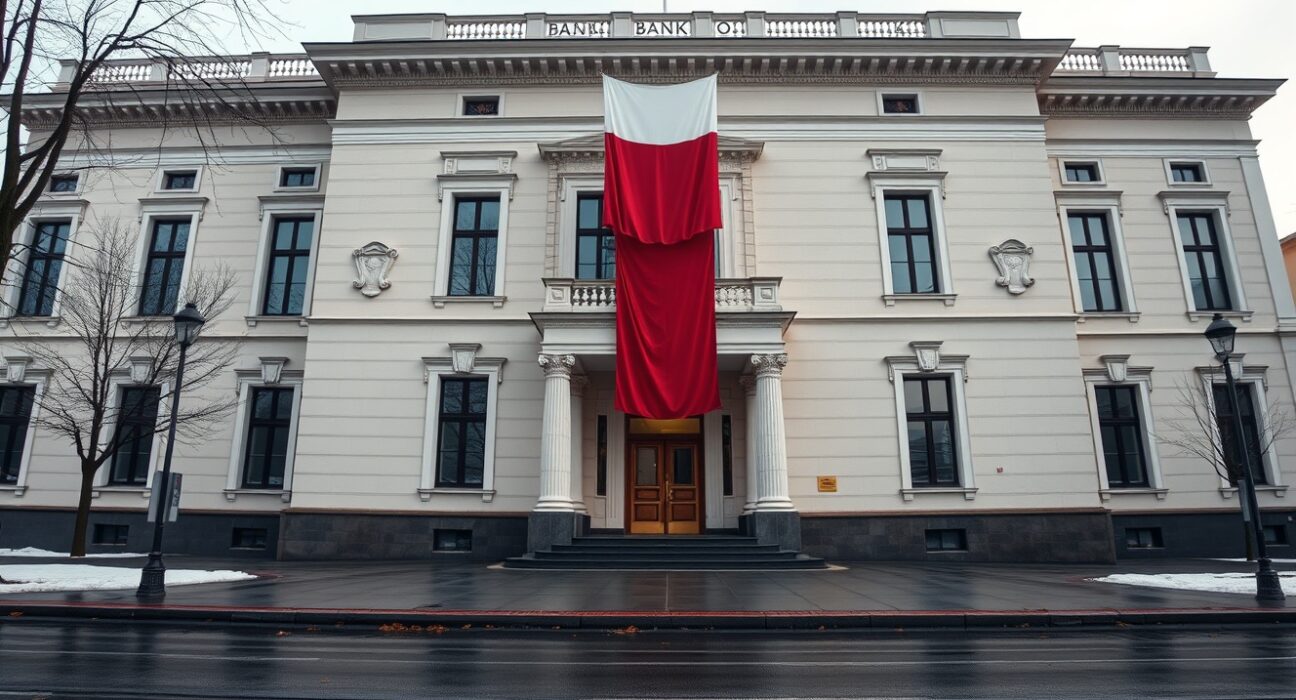 Exterior of the National Bank of Poland building in Warsaw on a cloudy day.