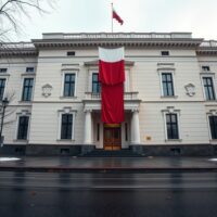 Exterior of the National Bank of Poland building in Warsaw on a cloudy day.