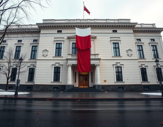 Exterior of the National Bank of Poland building in Warsaw on a cloudy day.