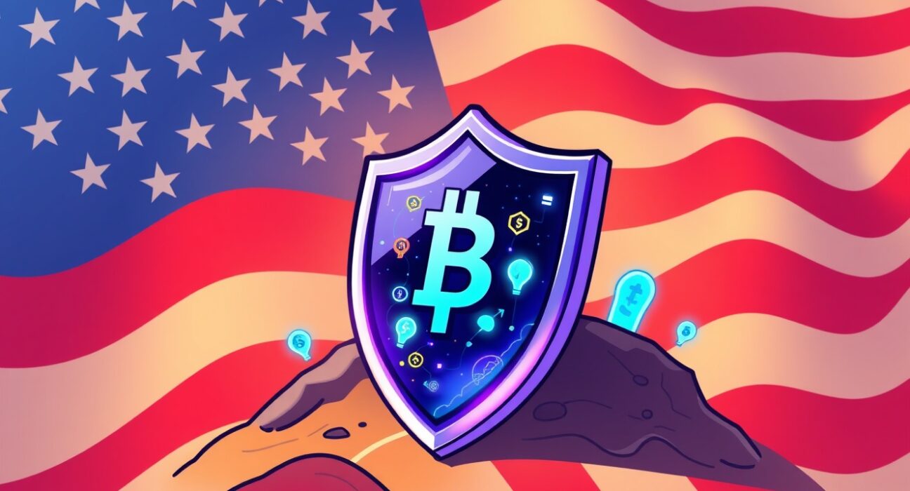 A cartoon illustration analyzing the National Security Strategy crypto policy and digital finance future.