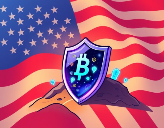 A cartoon illustration analyzing the National Security Strategy crypto policy and digital finance future.