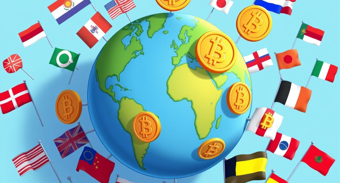 A cartoon illustration showing national flags encircling a globe with Bitcoin symbols, representing nations buying Bitcoin.