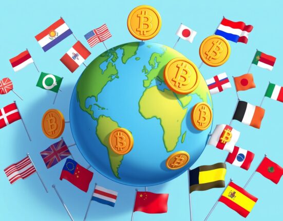 A cartoon illustration showing national flags encircling a globe with Bitcoin symbols, representing nations buying Bitcoin.