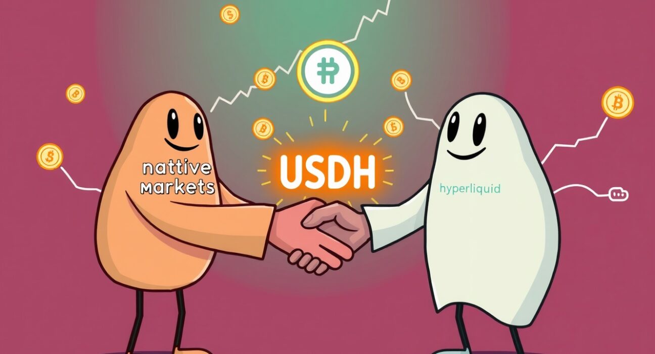 Cartoon illustration of Native Markets and Hyperliquid forming a partnership to issue the USDH stablecoin, symbolizing a new era for DeFi.