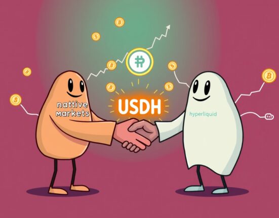 Cartoon illustration of Native Markets and Hyperliquid forming a partnership to issue the USDH stablecoin, symbolizing a new era for DeFi.
