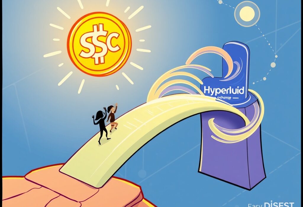 A digital bridge connecting a USDC coin to a DEX platform, symbolizing seamless native USDC support on Hyperliquid.