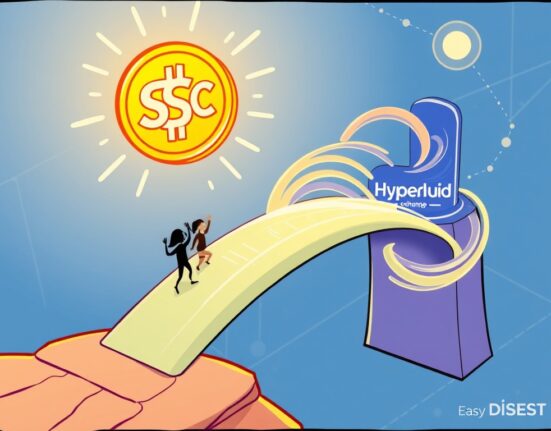 A digital bridge connecting a USDC coin to a DEX platform, symbolizing seamless native USDC support on Hyperliquid.